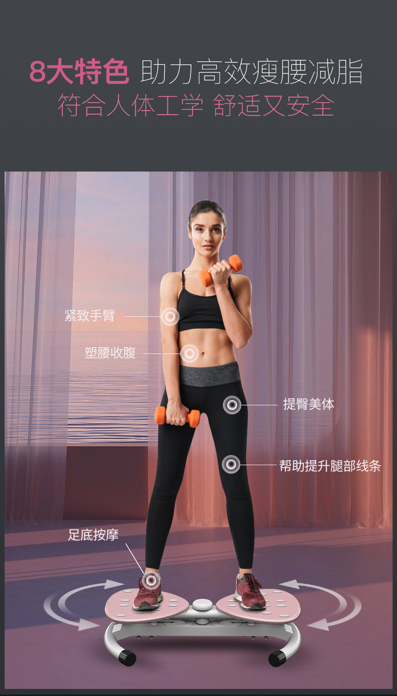 美国JOROTO品牌 扭腰机家用健身器材运动女性收腹转腰部扭扭腰转盘神器xs300 浅粉色(图2)